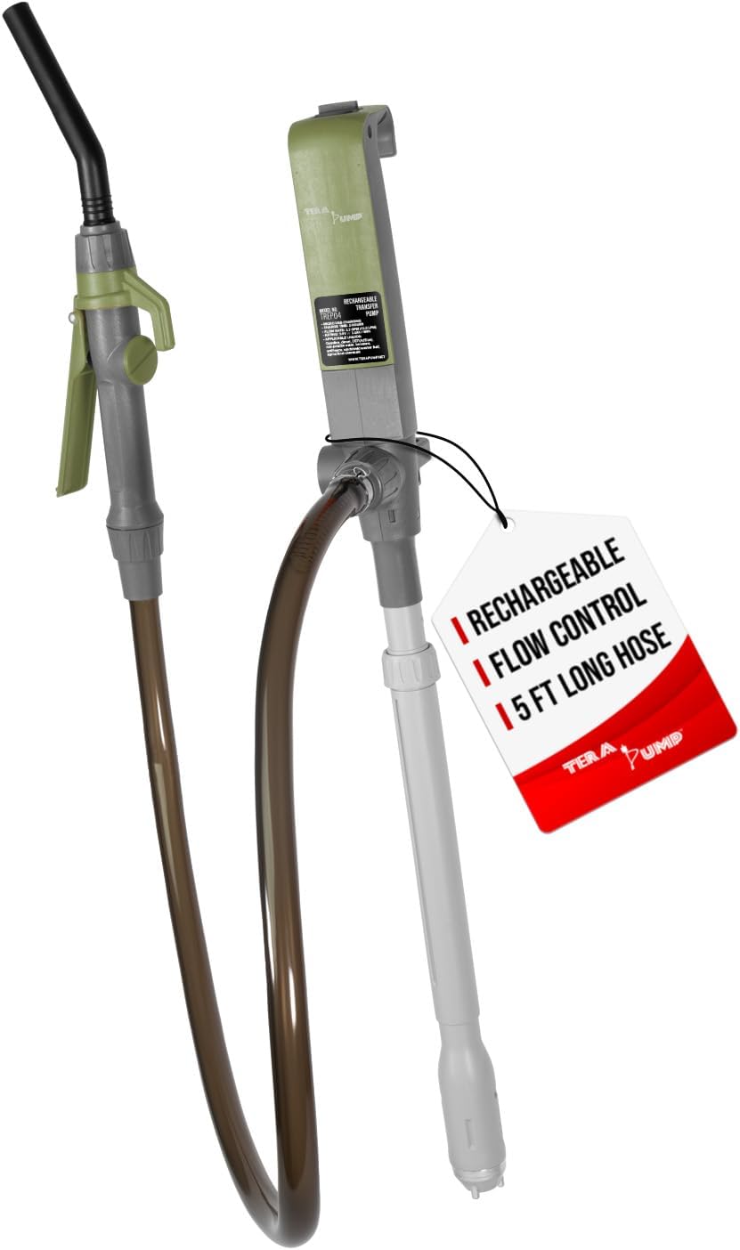 TERA PUMP Fuel Transfer Pump w/Flow Control Nozzle & Telescopic Tube - 3X Powerful D Battery Powered, 10FT XL Long Vinyl Discharge Hose, Multipurpose Portable Battery Pump For Gas, Diesel (2.3 GPM)
