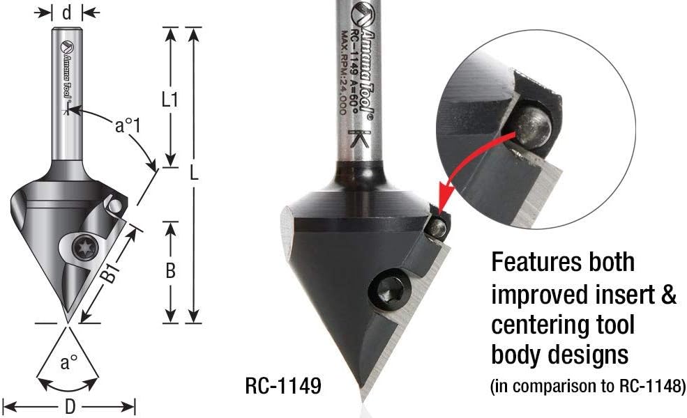 Amana Tool RC-1028 V Groove Router Bit CNC Insert 91 Deg x 1-5/16 x 3/4 Shank, Miter Fold Blade, Signmaking and Lettering
