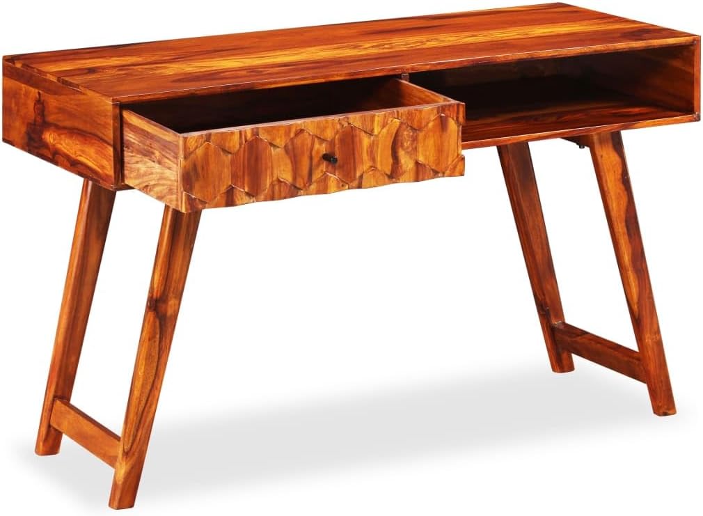 vidaXL Solid Wood Writing Table with Drawer - Brown Scandinavian Style Study and Office Desk with Shelf, Polished, Painted, and Lacq