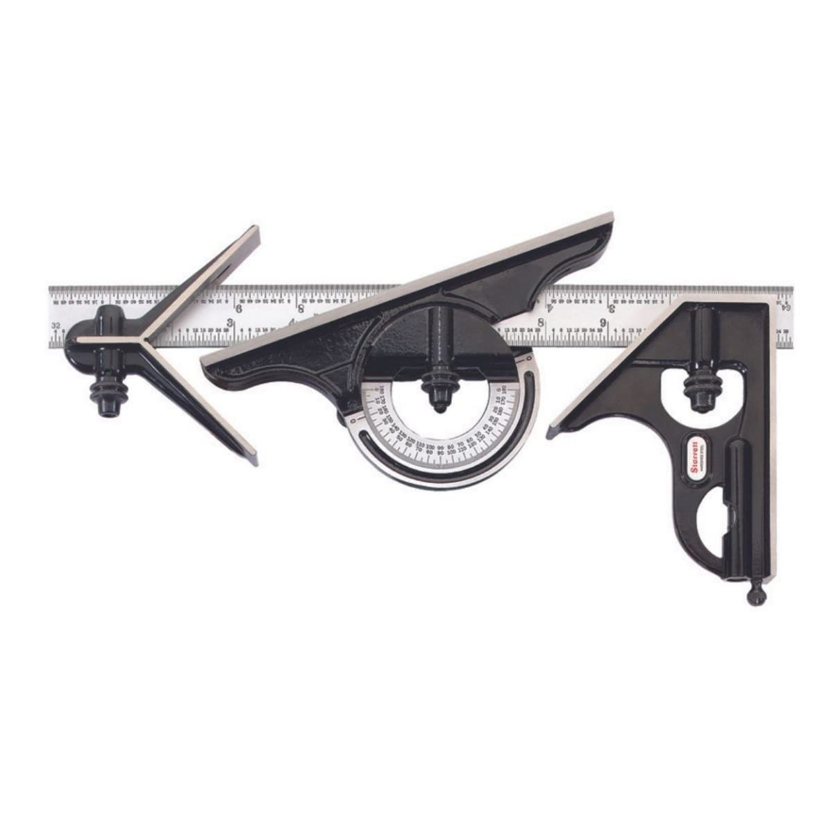 Starrett Combination Set with Square, Center and Reversible Protractor Head and Blade - 12" Blade Length, Forged and Hardened Steel, 16R Graduation Type - C434-12-16R