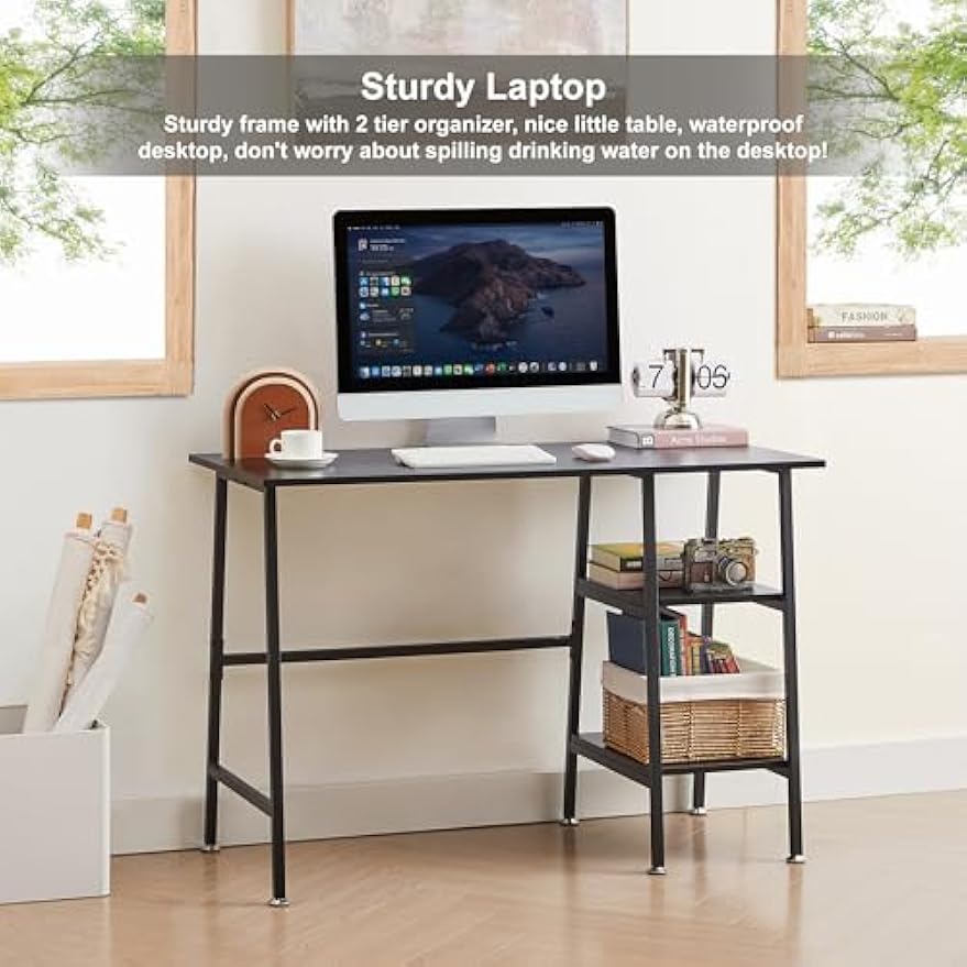 VECELO 43 Inch Computer Home Office Desk Modern Simple Writing Desk with Storage for Bedroom Simple Table Modern Student Study Desk,Water Proof, Black+Black Leg