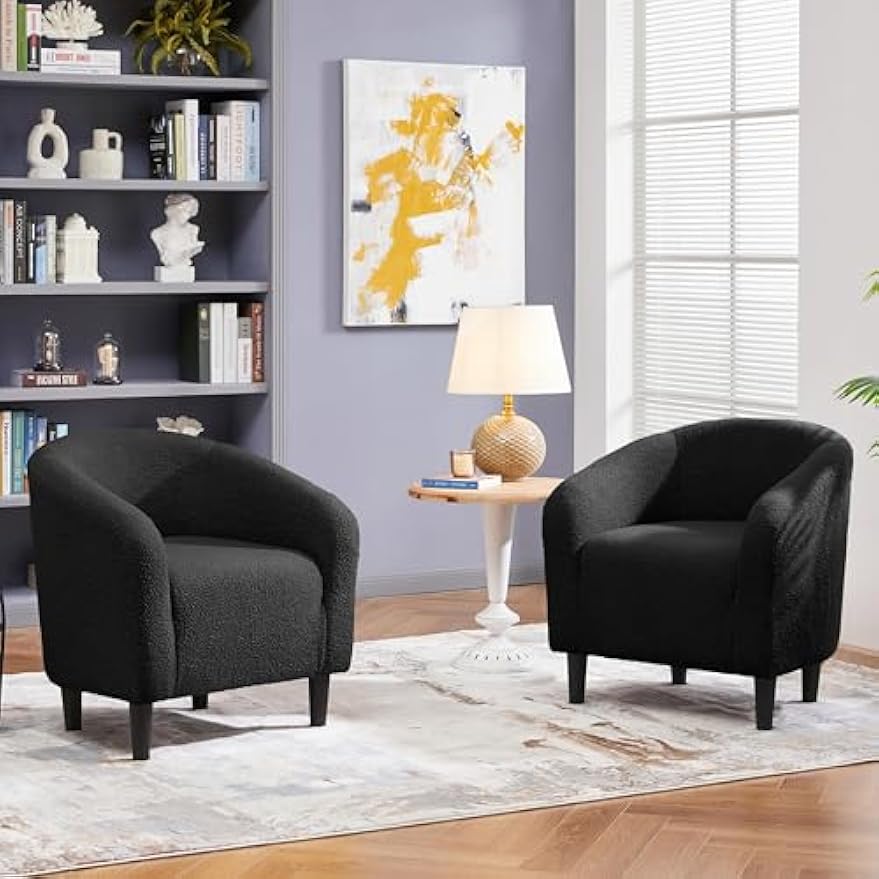 Topeakmart Barrel Chair, Soft Sherpa Accent Chair Side Chair Club Chair Modern Style Deep Seating Barrel Armchair for Living Room Furniture Reading Room Bedroom, Set of 2, Black