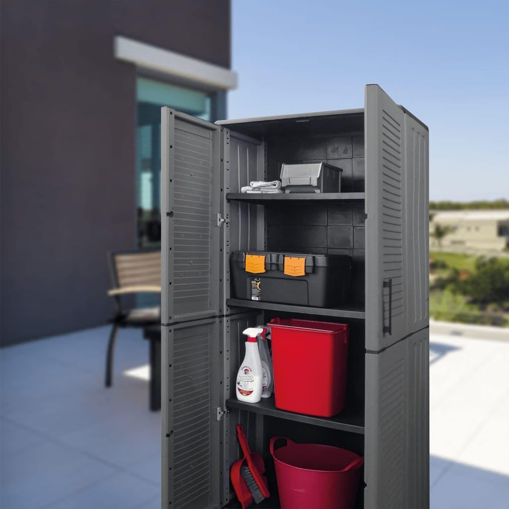 vidaXL Compact Garden Storage Cabinet, Polypropylene Outdoor Tool Organizer, Gray and Black, with Adjustable Shelves and Steel Hinges