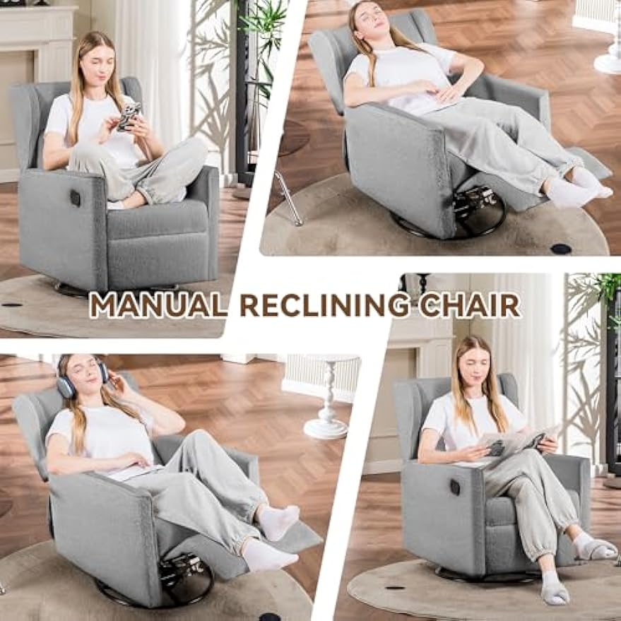 COMHOMA Nursery Rocking Chair Teddy Upholstered Swivel Rocker Recliner Manual Glider Reclining Chair for Living Room Bedroom Offices (Grey, 2 pcs)