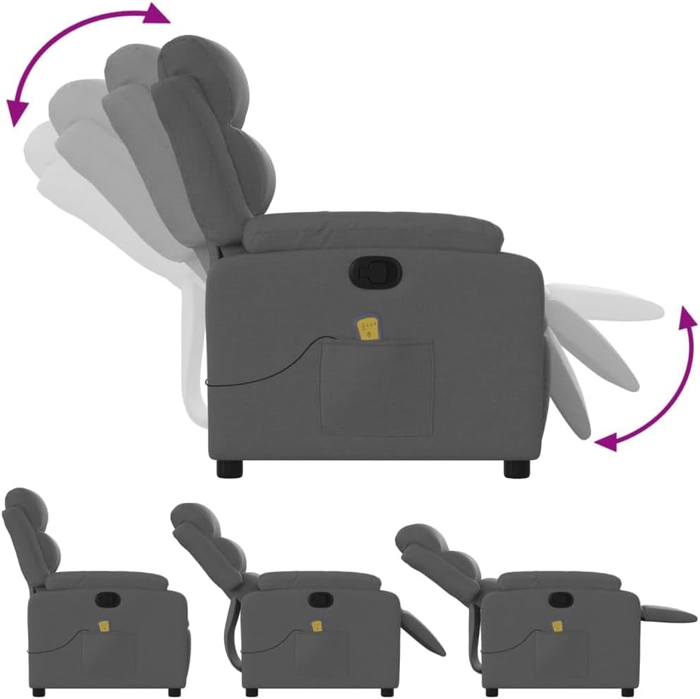 vidaXL Dark Gray Fabric Massage Recliner Chair – Manual Recline, 6-Point Vibrating Massage, Thick Padded Seat, Side Pocket, Solid Wood/Metal Frame, Ideal for Living Room/Bedroom