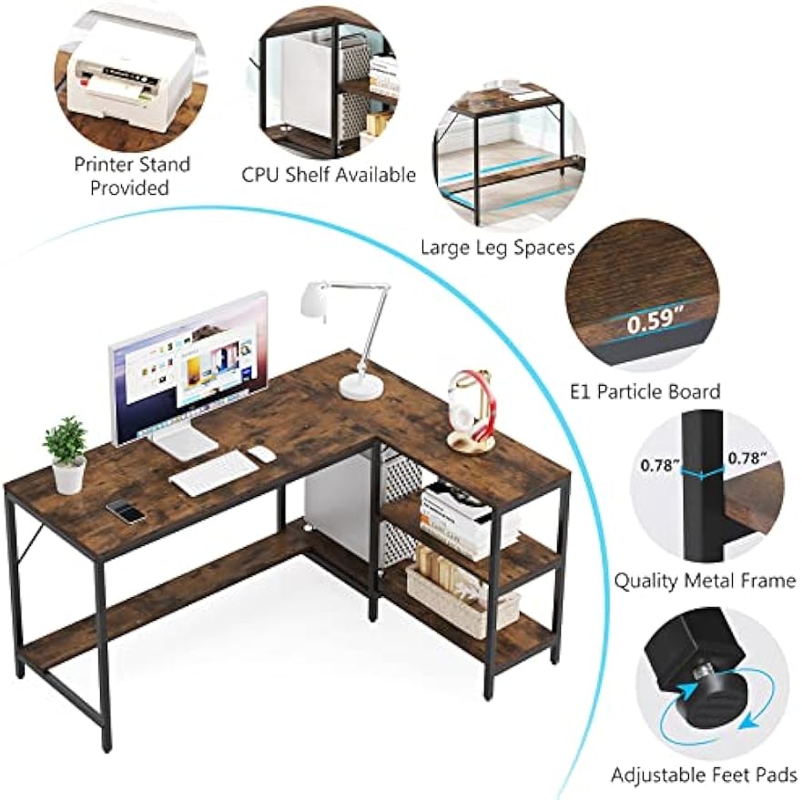 Tribesigns L Shaped Desk with Storage Shelves, Reversible Computer Desk Gaming Desk for Home Office Workstation, Rustic Brown
