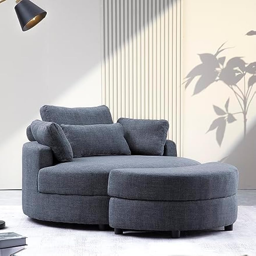51.2" Oversized Accent Barrel Chair with Adjustable Headrest, Storage Ottoman and 4 Pillows, Round Barrel Armchair Leisure Club Cozy Round Chair for Home Apartment Hotel Living Room