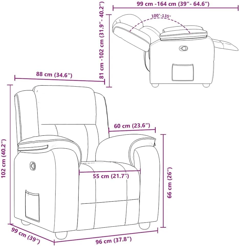 vidaXL Recliner Chair - Dark Gray Fabric Armchair with 135° Manual Reclining Function, Thickly Padded Comfort, Stable Wood and Metal Frame, Side Pocket for Essentials - Ideal for Living Room/Offic...