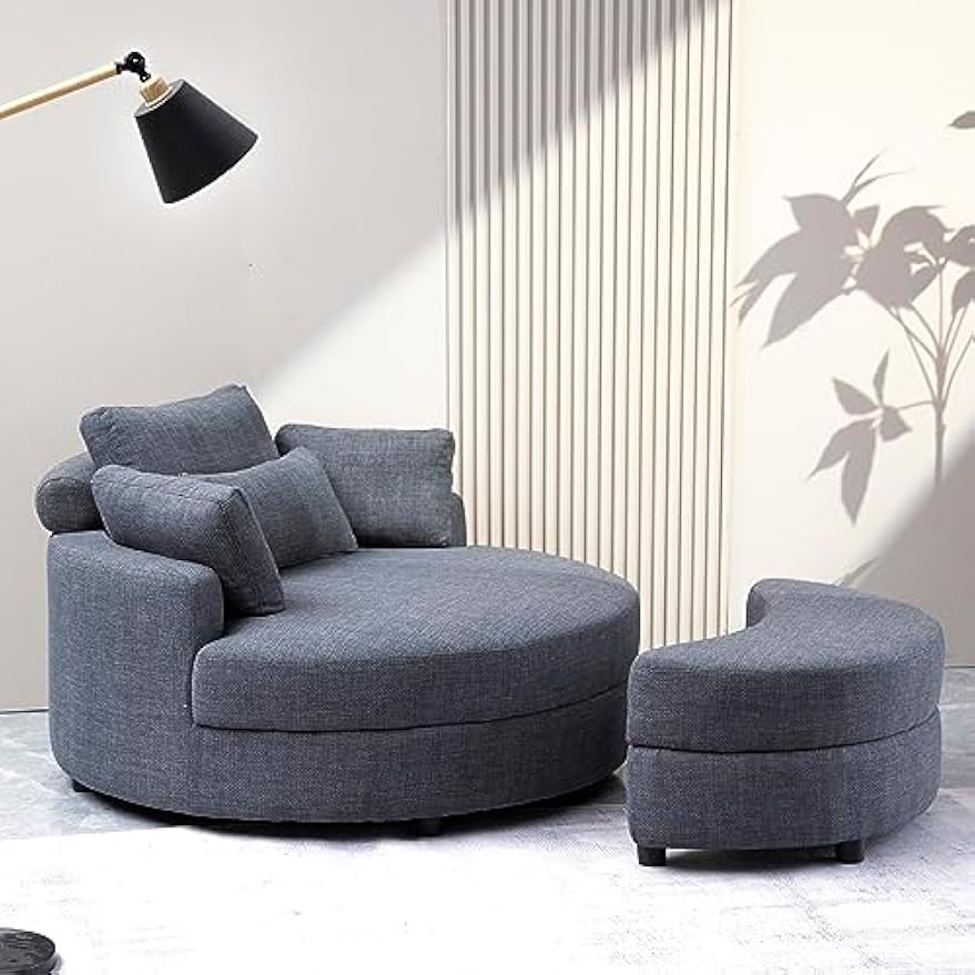 51.2" Oversized Accent Barrel Chair with Adjustable Headrest, Storage Ottoman and 4 Pillows, Round Barrel Armchair Leisure Club Cozy Round Chair for Home Apartment Hotel Living Room