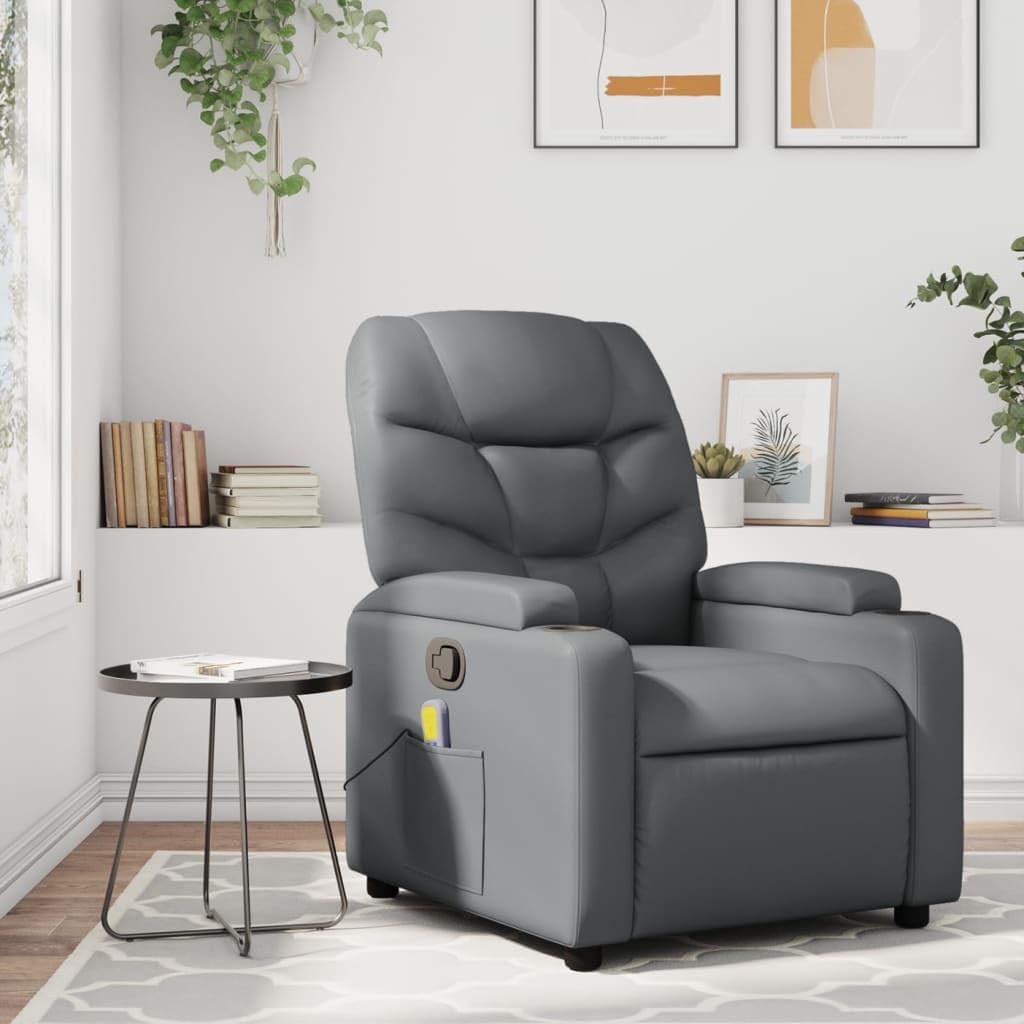 vidaXL Massage Recliner Chair - Gray Faux Leather, Manual Reclining, 6-Point Vibration, Cup Holders, Living Room Seating