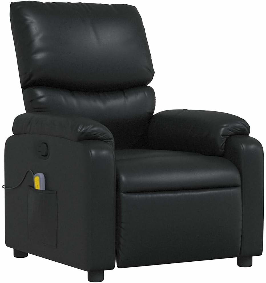vidaXL Leather Massage Recliner Chair for Living Room, Home Theater, 6-Point Vibration Massage, Adjustable Back & Footrest, Side Pocket, Black