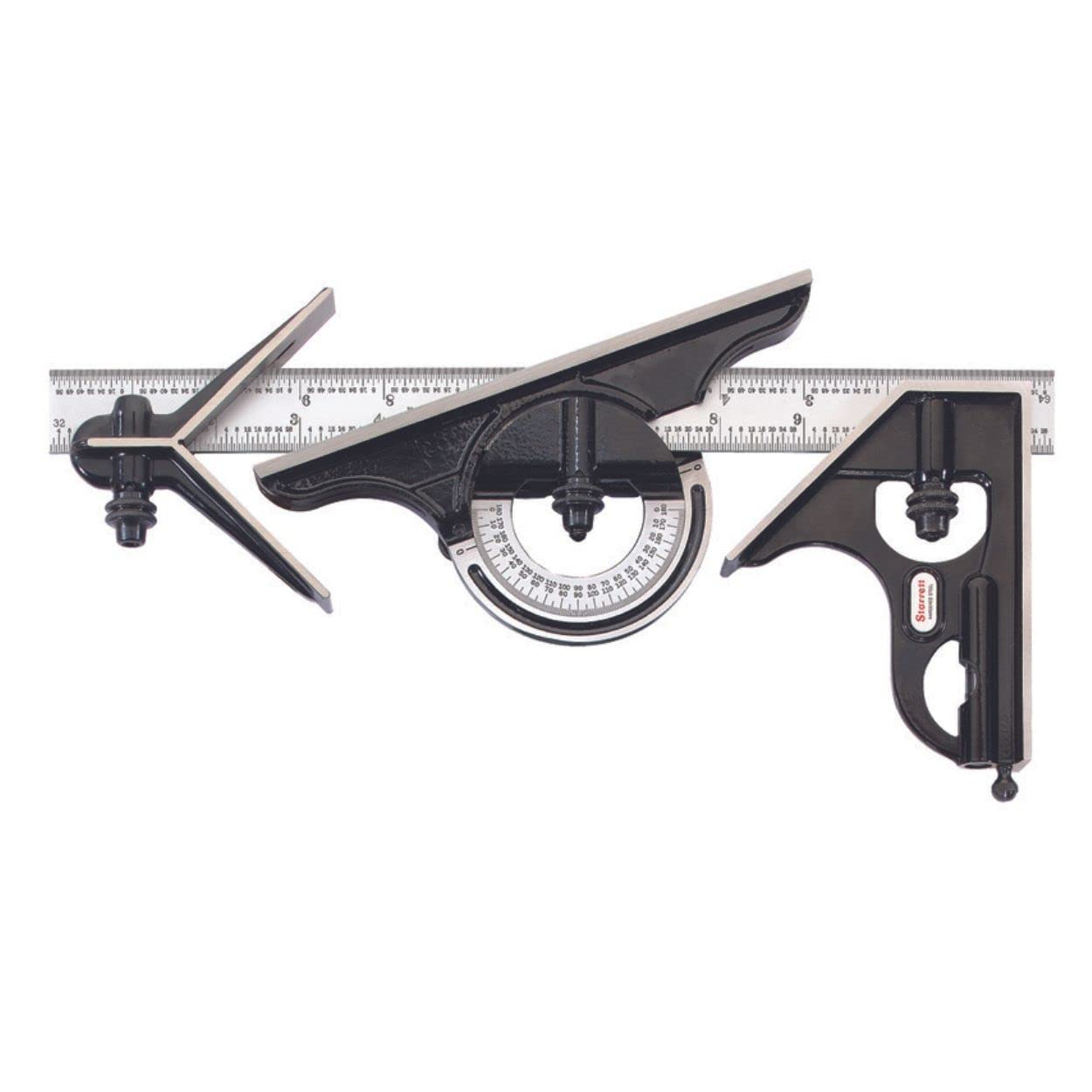 Starrett Combination Set with Square, Center and Reversible Protractor Head and Blade - 12" Blade Length, Forged and Hardened Steel, 16R Graduation Type - C434-12-16R