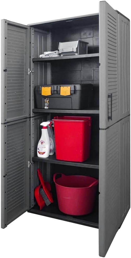 vidaXL Compact Garden Storage Cabinet, Polypropylene Outdoor Tool Organizer, Gray and Black, with Adjustable Shelves and Steel Hinges