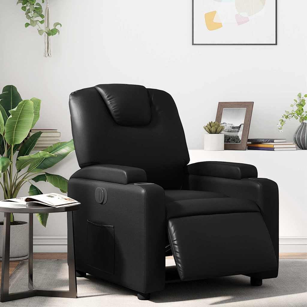 vidaXL Black Faux Leather Electric Recliner Chair - Motorized Reclining Armchair with Cup Holders for Living Room/Office