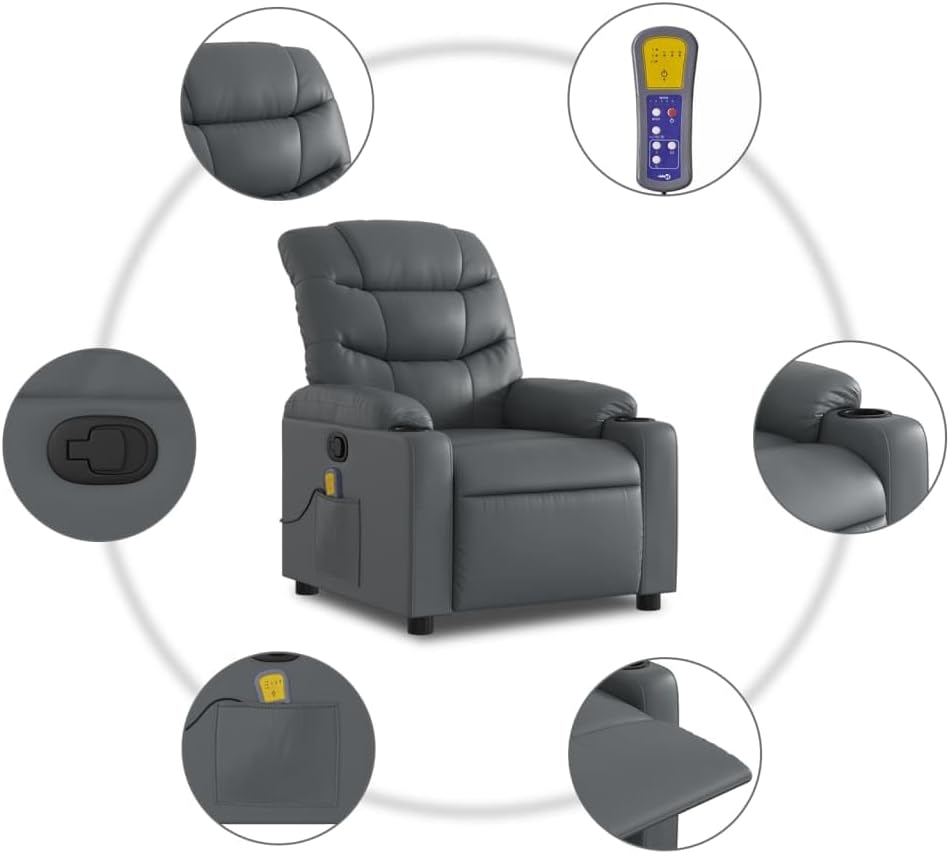vidaXL Gray Faux Leather Massage Recliner Chair - Manual Reclining Lounge Seat with Cup Holders for Living Room Comfort