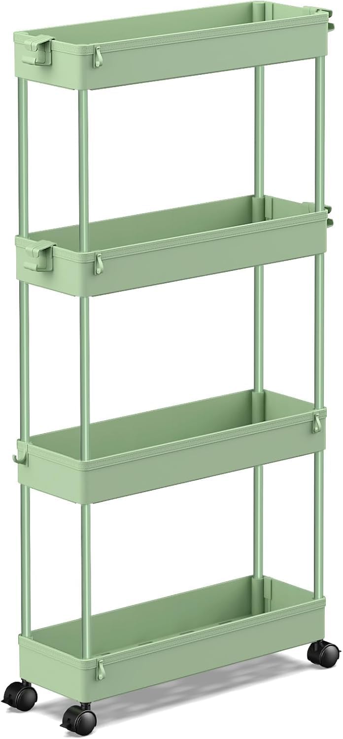 SPACEKEEPER Slim Rolling Storage Cart 4 Tier Bathroom Organizer Mobile Shelving Unit Utility Cart Tower Rack for Kitchen Laundry Narrow Places, White