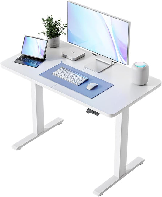 BANTI Small Electric Standing Desk, Stand up Height Adjustable Home Office Table, Sit Stand Desk with Splice Board, 43"x24", White Frame & White Top