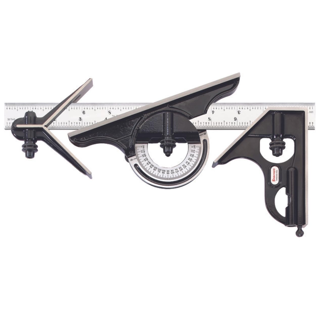 Starrett Combination Set with Square, Center and Reversible Protractor Head and Blade - 12" Blade Length, Forged and Hardened Steel, 16R Graduation Type - C434-12-16R