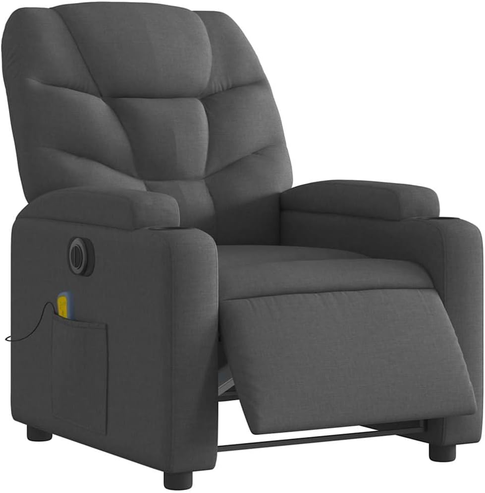 vidaXL Dark Green Manual Massage Recliner Chair - Fabric Upholstered Vibrating Lounge Armchair with Cup Holders for Living Room