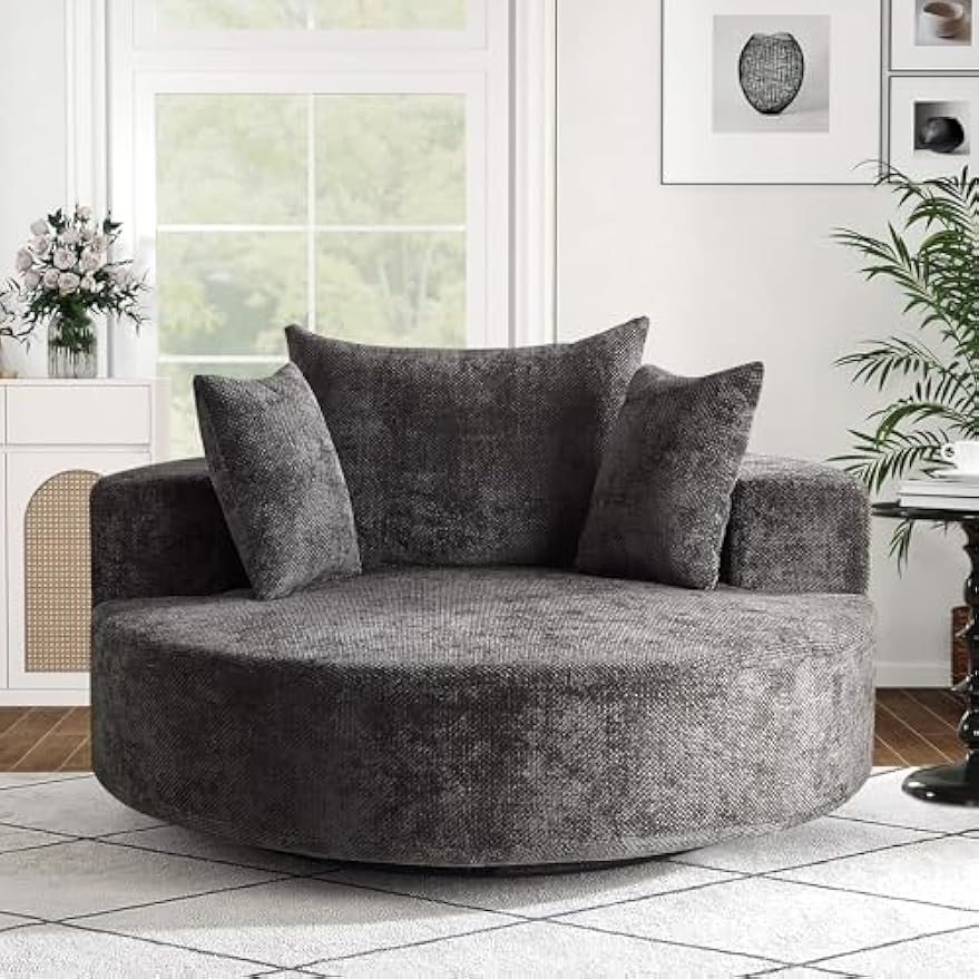SLEERWAY 55"W Oversized Swivel Accent Chair, Large Barrel Chairs Upholstered Round Swivel Chair, Chenille Single Sofa Armchair, Modern Sleeper Chair for Living Room, Lounge and Projection Room, Black