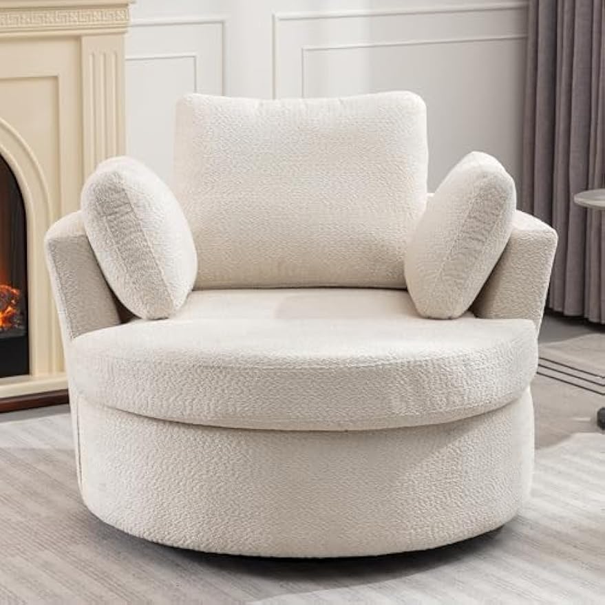 Swivel Accent Chair, Oversize Round Swivel Chair Cozy Club 360 Degrees Single Sofa with 3 Pillows Fabric for Living Room, Lounge, Hotel, Beige