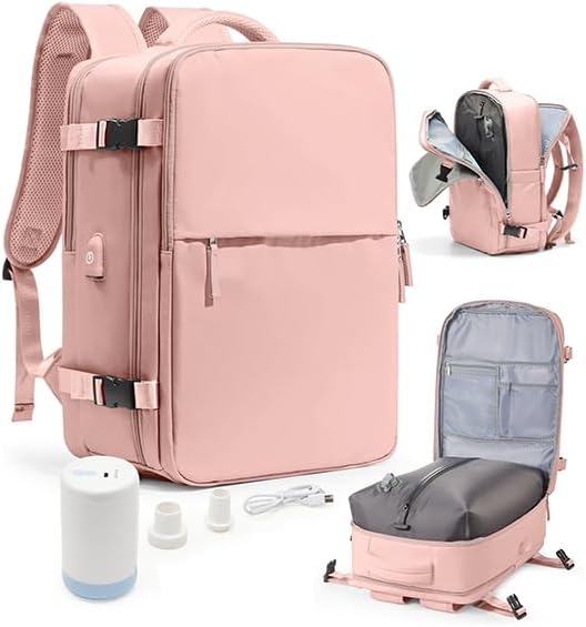 Vacuum Seal Travel Backpack with Air Pump Compression Vacpack Waterproof Carry On Backpack for Travel Women men with Vacuum System Laptop Airlines Approved Daypack Space Saver Bags Black