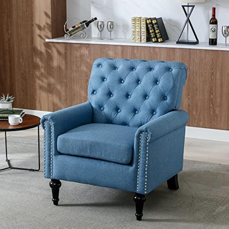 Upholstered Accent Chairs,Mid Century Armchair Sofa Chairs,Comfy Living Room Chair,Button Tufted Reading Chair for Living Room, Bedroom,Study (2, Blue)