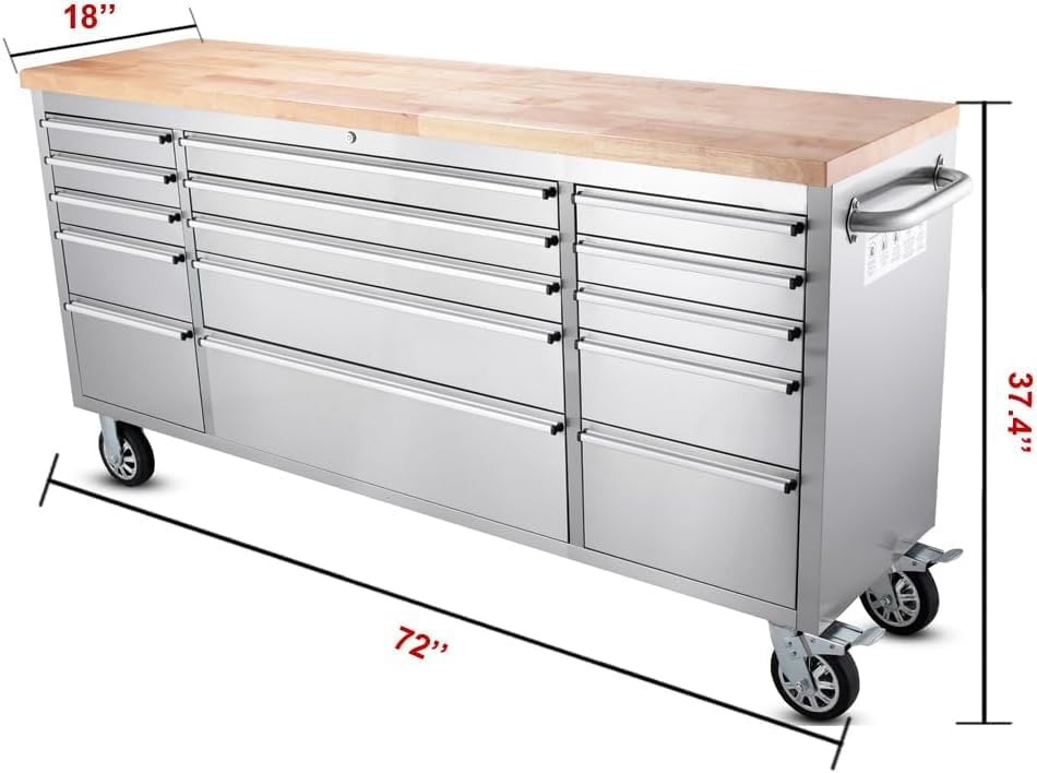 2 Pack - 72" Stainless Steel Rolling Tool Chest with 15 Drawers, Mobile Workbench, Assembled Large Tool Box Lockable Storage Cabinet with Wheels for Garage Workshop (2 × HTC7215W1)