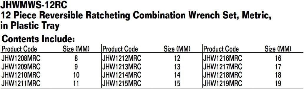 Williams MWS-12RC 12-Piece Metric Reversible Ratcheting Combination Wrench Set