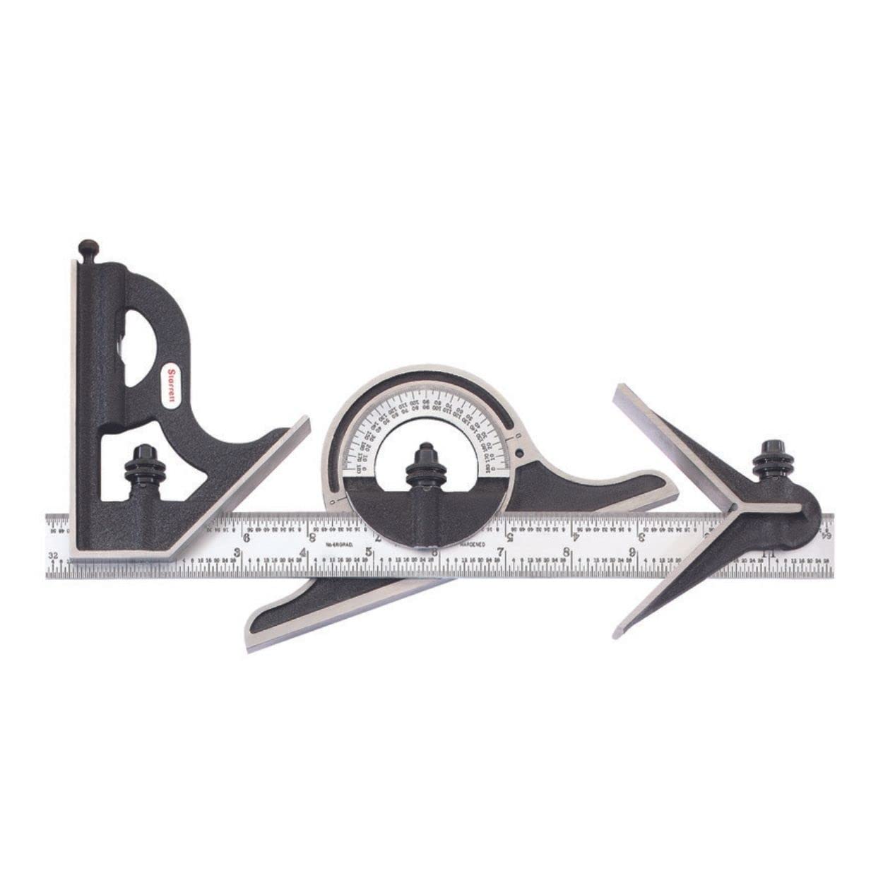 Starrett Combination Set with Square, Center and Reversible Protractor Head and Blade - 12" Blade Length, Forged and Hardened Steel, 16R Graduation Type - C434-12-16R