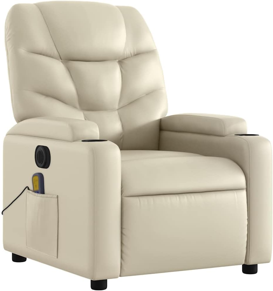 vidaXL Faux Leather Massage Recliner Chair in Cream - Manual Reclining Armchair with Cup Holders for Living Room Comfort
