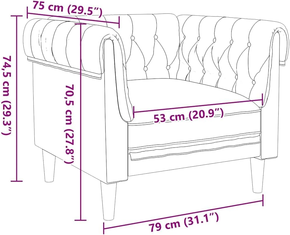 vidaXL Chesterfield Sofa Chair - Brown Fabric Upholstered Settee for Living Room, Solid Wood Legs, 30.9" x 29.3" x 29.3"