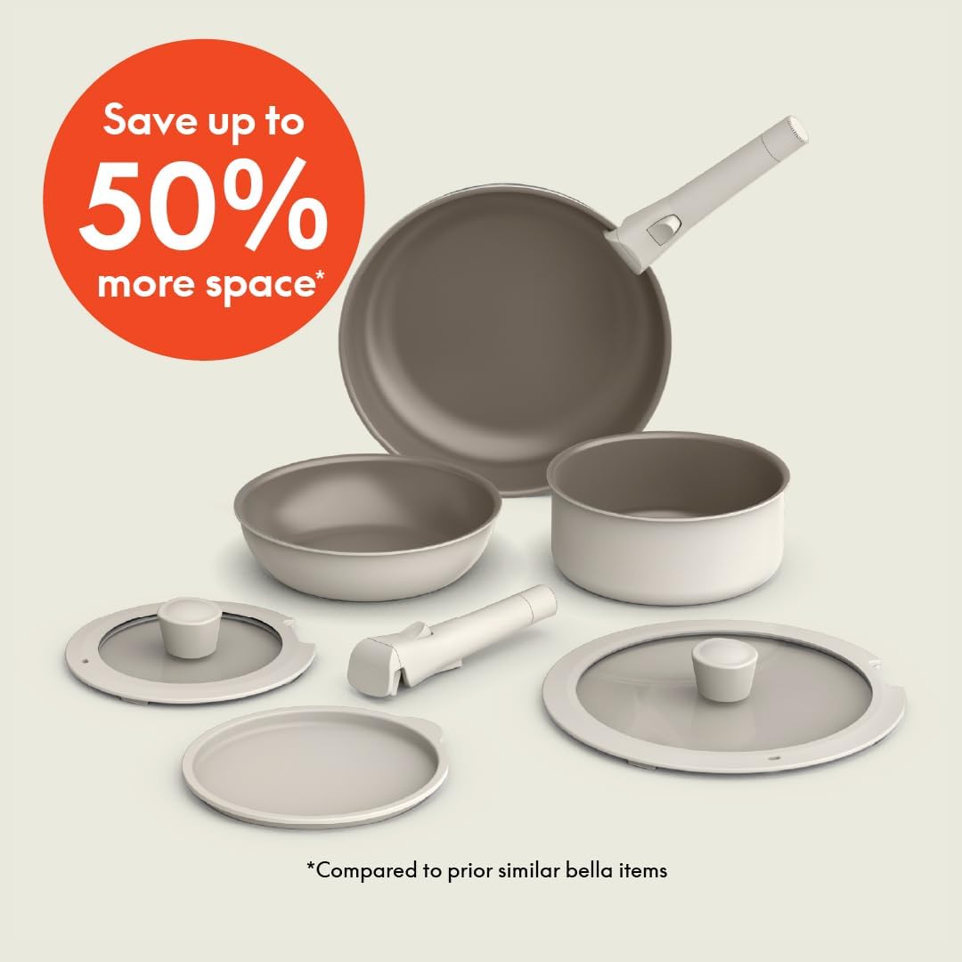 bella 8 Piece Cookware Set, Fits-anywhere™ Kitchenware w EverGood™ Ceramic Nonstick Coating, Removable Handles, Dishwasher & Oven Safe, All Stovetops Compatible, Glass Lids w Silicone Rims, Oatmilk