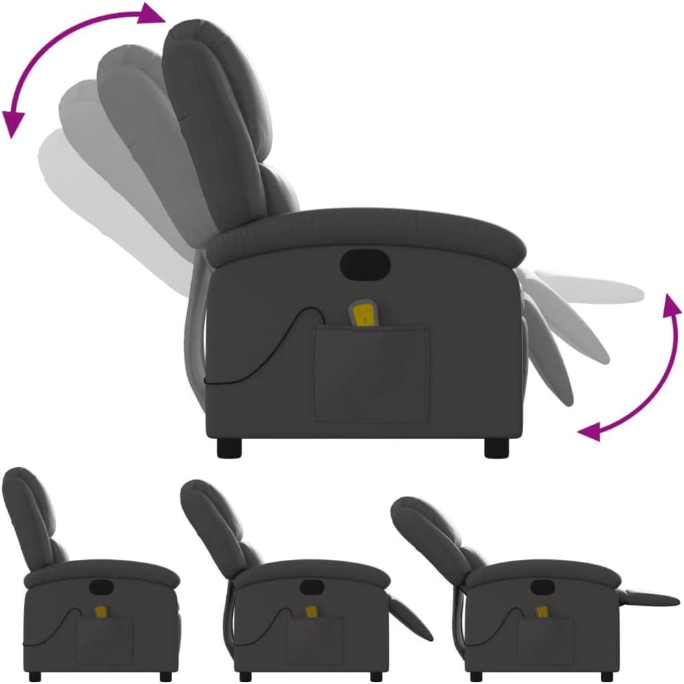 vidaXL Massage Recliner Chair for Elderly - Gray Real Leather, Manual Recline, Vibration Massage, Side Pocket, Sturdy Frame, Comfortable Armchair for Living Room/Bedroom
