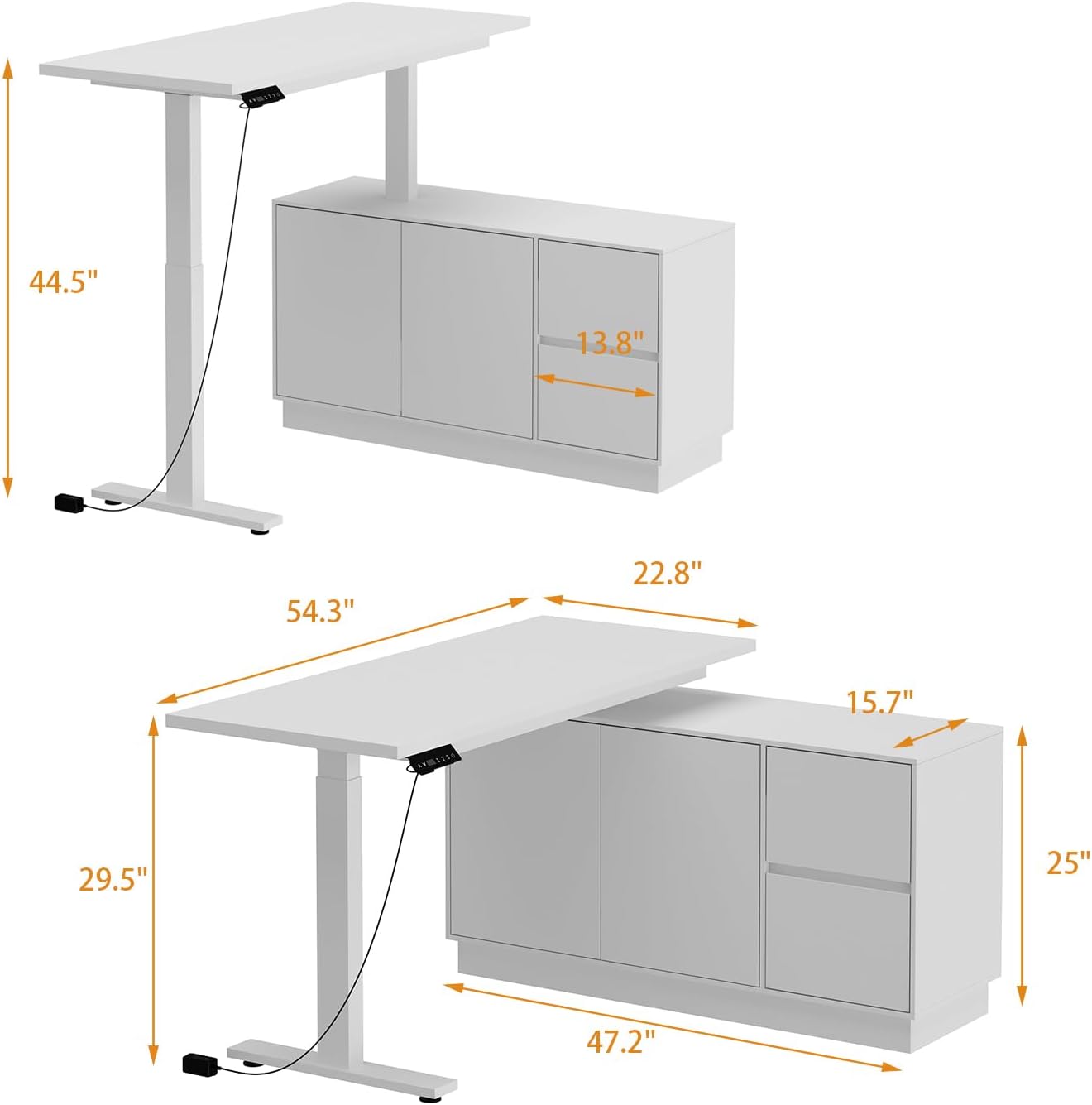 54.3" L Shaped Electric Standing Desk with File Cabinet, Height Adjustable Stand up Desk with Drawers, Home Office Computer Gaming Table, White