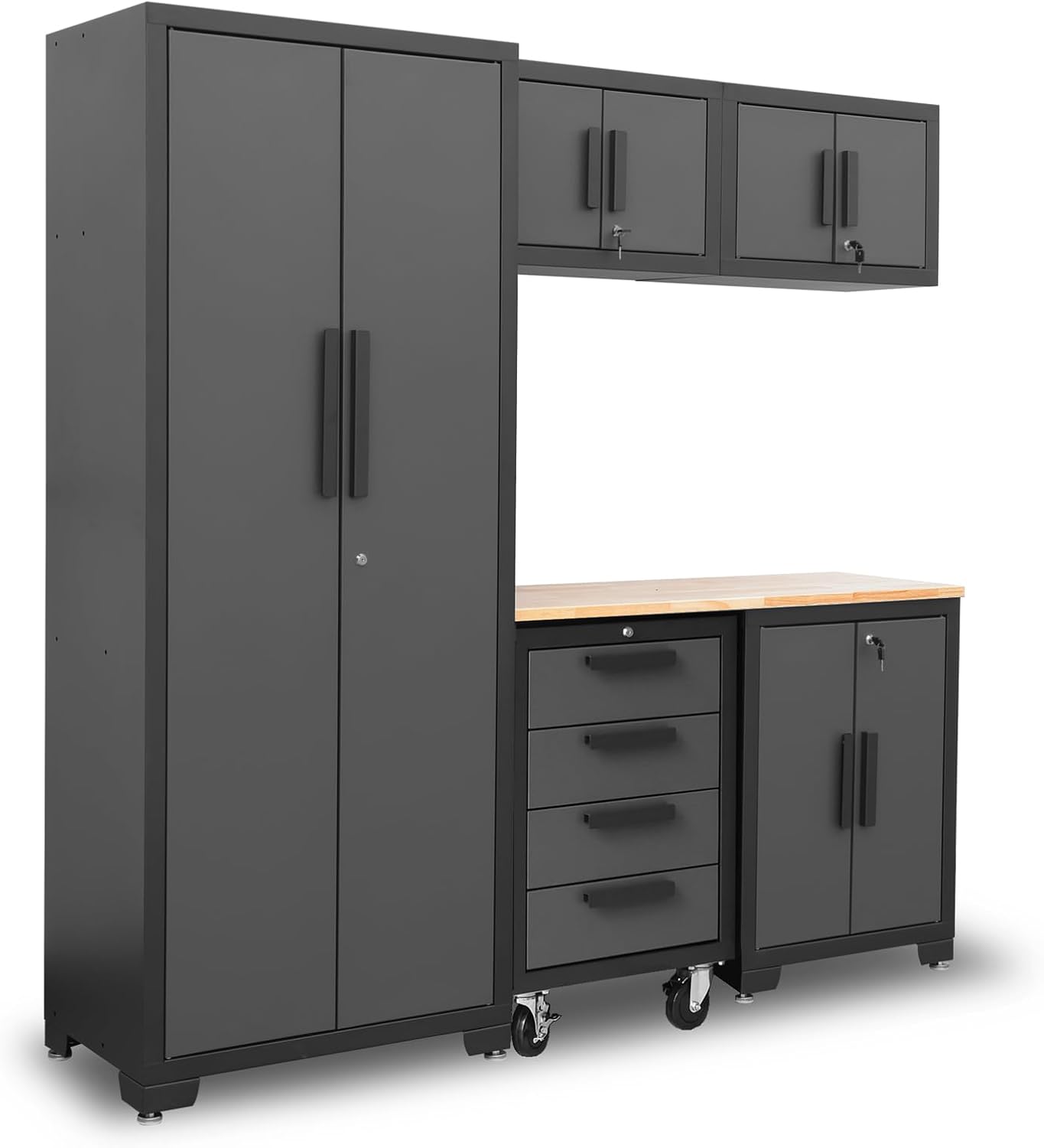 Torin 12 Piece Garage Storage Cabinet Set: Workshop Tool Organizer Chest with Lockers, Shelves and Wood Workbench, Black/Grey