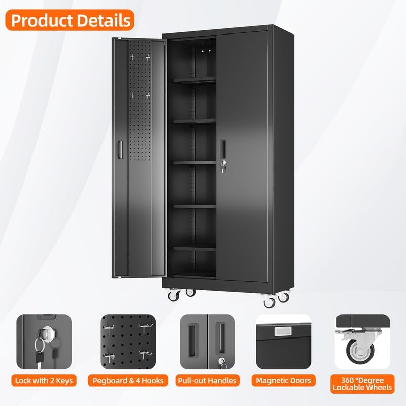 Aobabo Garage Storage Cabinet with Door Pegboard,Lockable Metal Storage Cabinet with 5 Adjustable Shelves for Garage Home,Required Assembly,Black