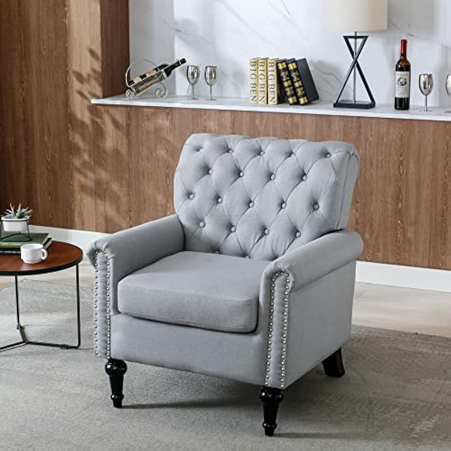 Upholstered Accent Chairs,Mid Century Armchair Sofa Chairs,Comfy Living Room Chair,Button Tufted Reading Chair for Living Room, Bedroom,Study (2, Grey)