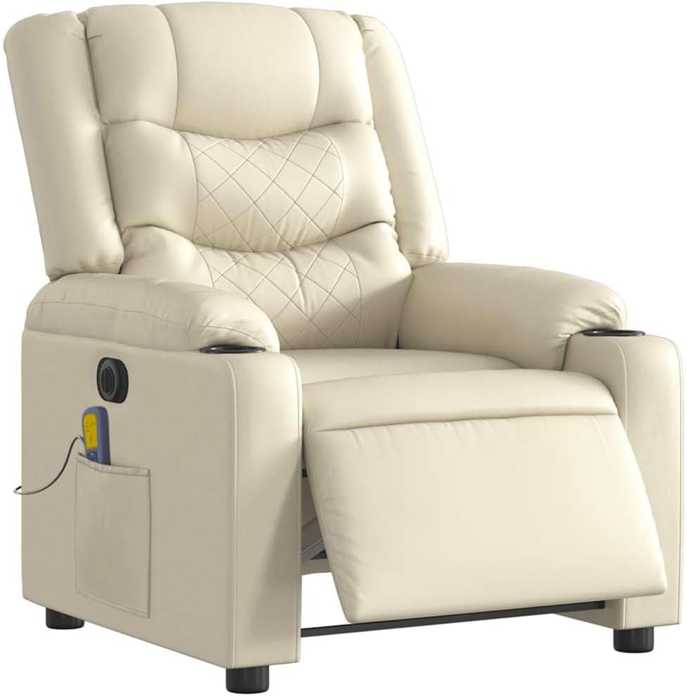 vidaXL Ergonomic Massage Recliner Chair-Adjustable Faux Leather Armchair w/Vibration, Manual Recline, Cup Holders for Living Room/Lounge-Gray