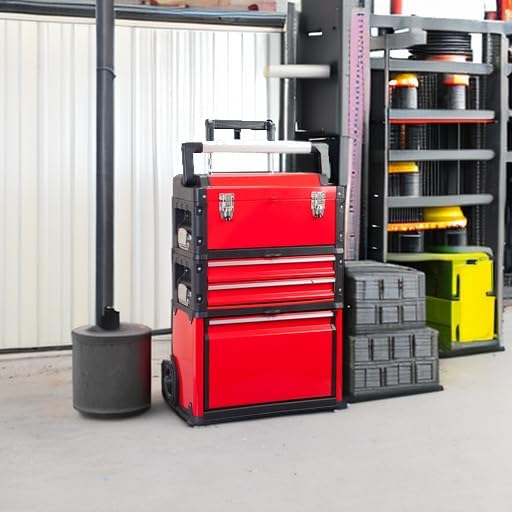 BIG RED Stackable Portable Metal Tool Box Organizer with Wheels and 2 Drawers, Rolling Upright Trolley Tool Chest for Garage or Workshop,Red,ATRJF-C305ABDR
