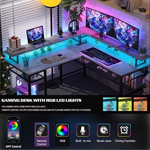 Unikito Reversible L Shaped Desk, Cool 55 Inch Corner Computer Desk with Smart Strip Light and Magic Power Outlet, Sturdy Office Table with Monitor Stand and Shelf, Elegant Grid Design, Light Walnut