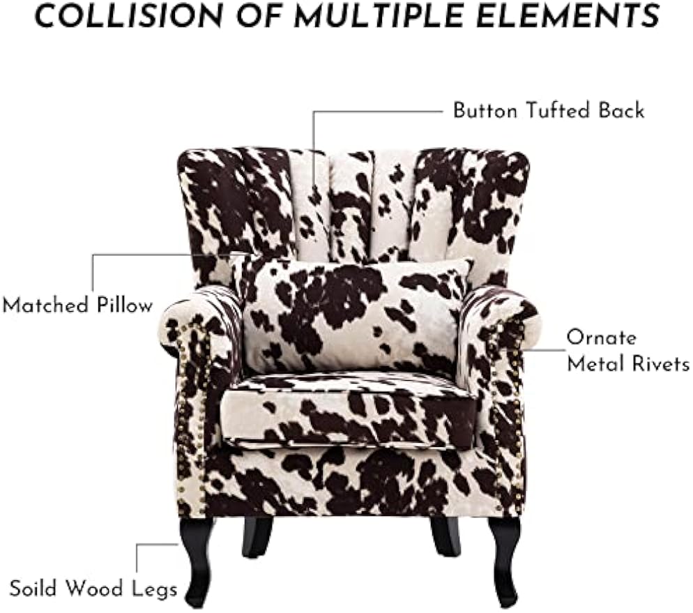 Accent Reading Arm Chairs Midcentury Modern Comfy Corner Sofa Chair, Wingback Waiting Room Club Chair with Tufted Back for Living Room/Bedroom/Reception Room, Fabric Cow