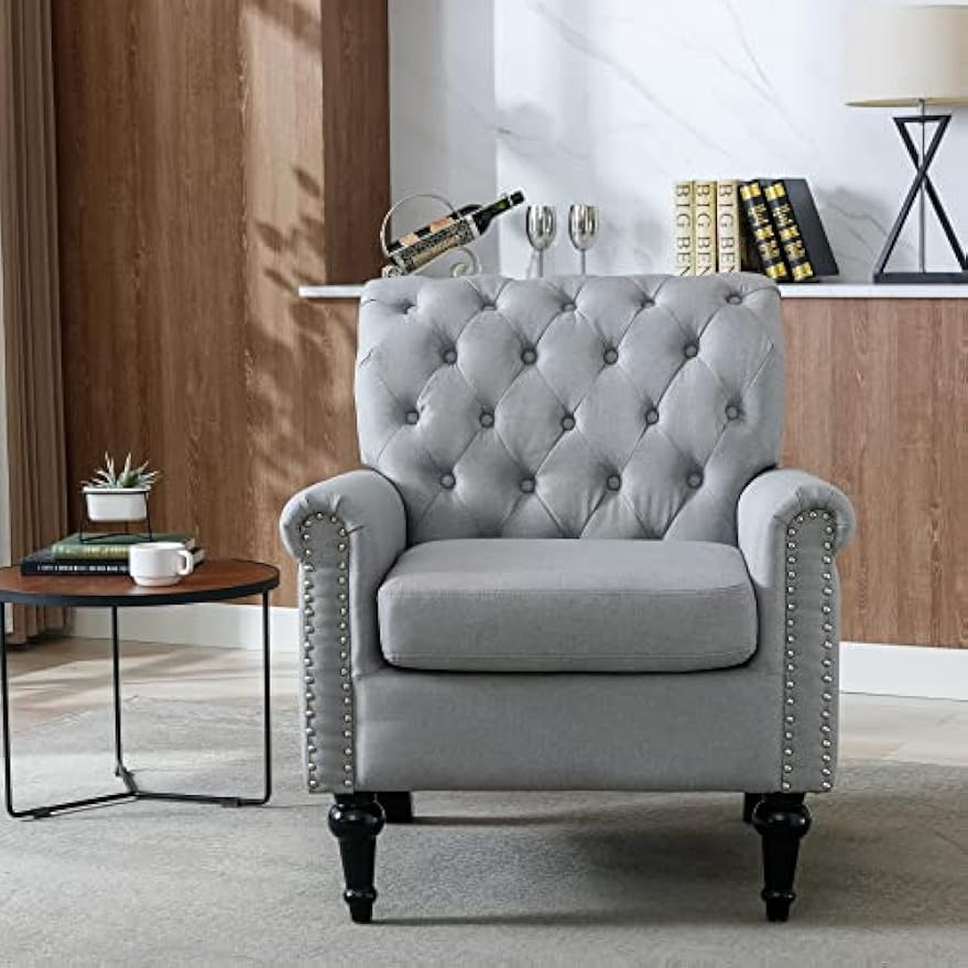 Upholstered Accent Chairs,Mid Century Armchair Sofa Chairs,Comfy Living Room Chair,Button Tufted Reading Chair for Living Room, Bedroom,Study (2, Grey)