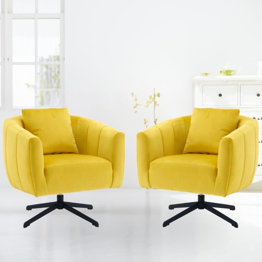 360°Swivel Accent Chair Set of 2, Modern Velvet Fabric Living Room Armchair,Reading Chair with Comfy Upholstered Fluffy Cushions & Metal Legs, Barrel Chairs for Bedroom/Lounge/Office,Grey