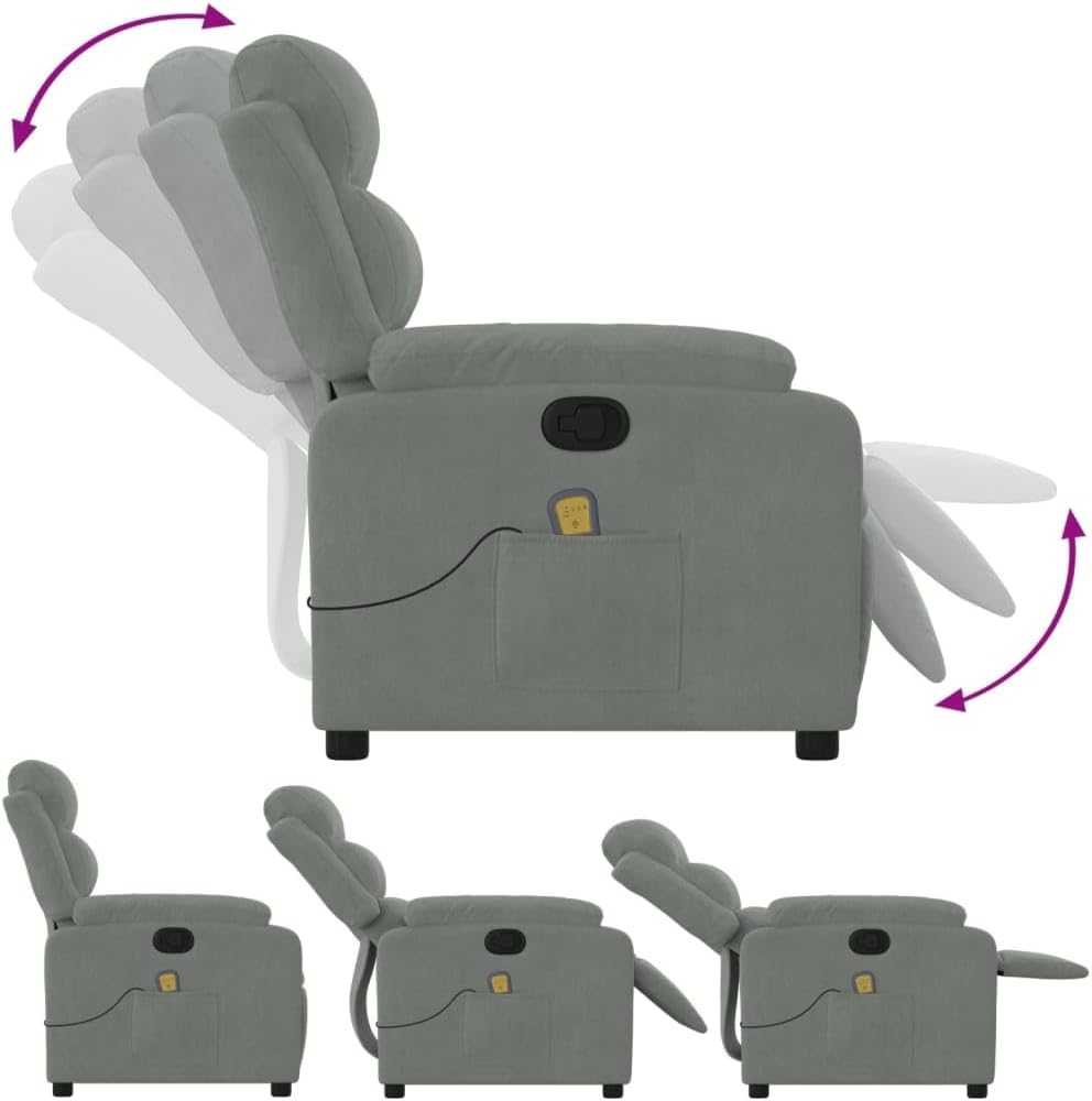 vidaXL Light Gray Velvet Recliner Chair - Manual Massage Lounger with Side Pocket for Living Room, Bedroom, Lounge