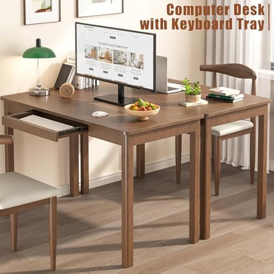 100% Solid Wood Desk with Keyboard Tray - 48 x 24 Inch Computer Desk with Keyboard Tray, Mid Century Modern Writing Desks, Simple Study Table Home Office Desks for Small Spaces|Bedroom-Walnut