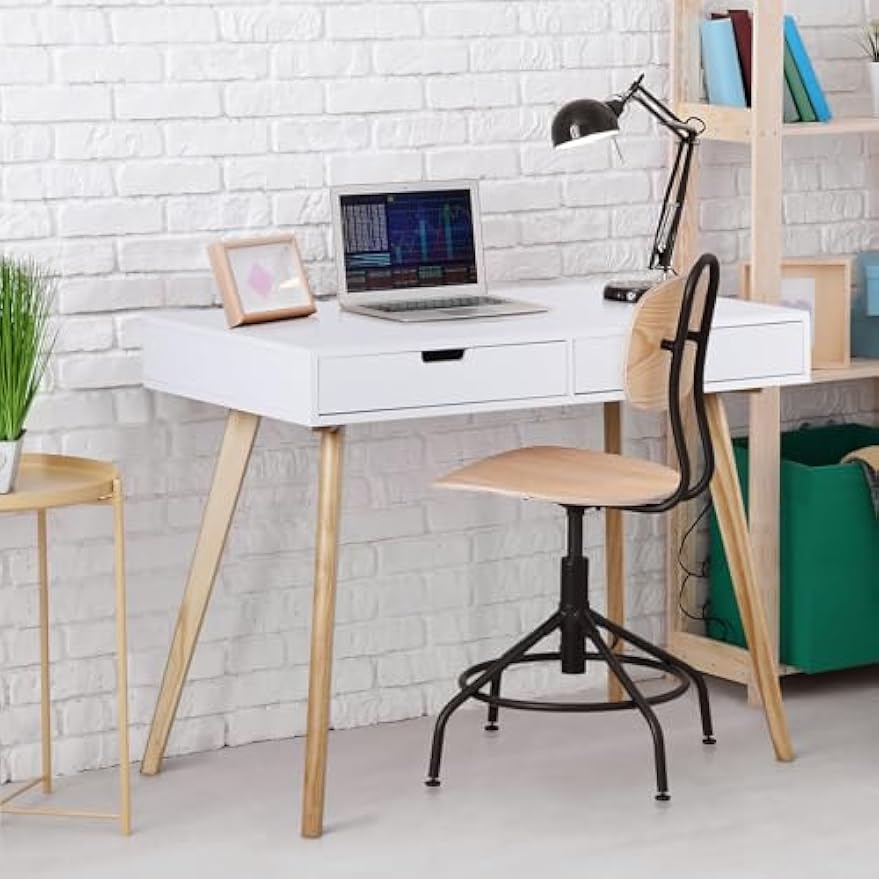SUPER DEAL Mid Century Writing Computer Desk, Modern Home Office Laptop PC Desk with Two Storage Drawers & Solid Wood Legs, Console Table Makeup Vanity Table for Bedroom