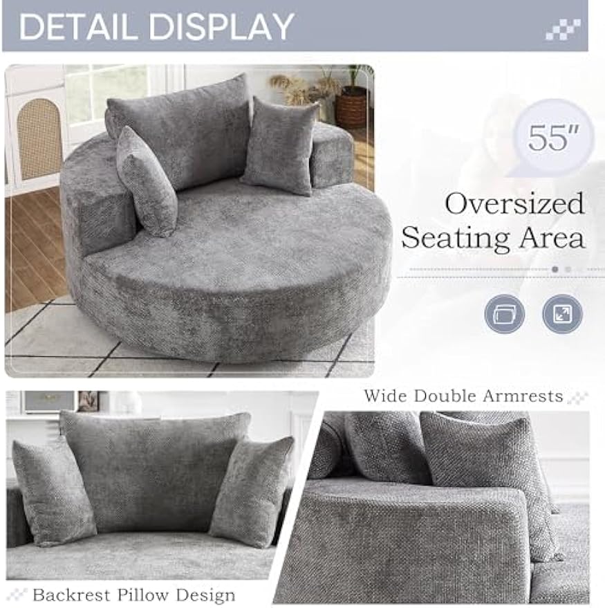 SLEERWAY 55" W Oversized Swivel Accent Chair, Large Barrel Chairs Upholstered Round Swivel Chair, Chenille Single Sofa Armchair, Modern Sleeper Chair for Living Room, Lounge and Projection Room, Grey