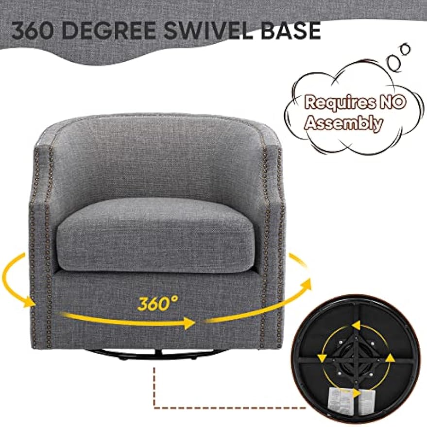 Swivel Glider Armchair for Living Room Bedroom Reading, Mid Century Modern Swivel Accent Chairs Barrel Chair Curved Arm Nailhead- 28.35 x 30.12 x 28.35 in (Dark Gray Linen, Single Club Chair)