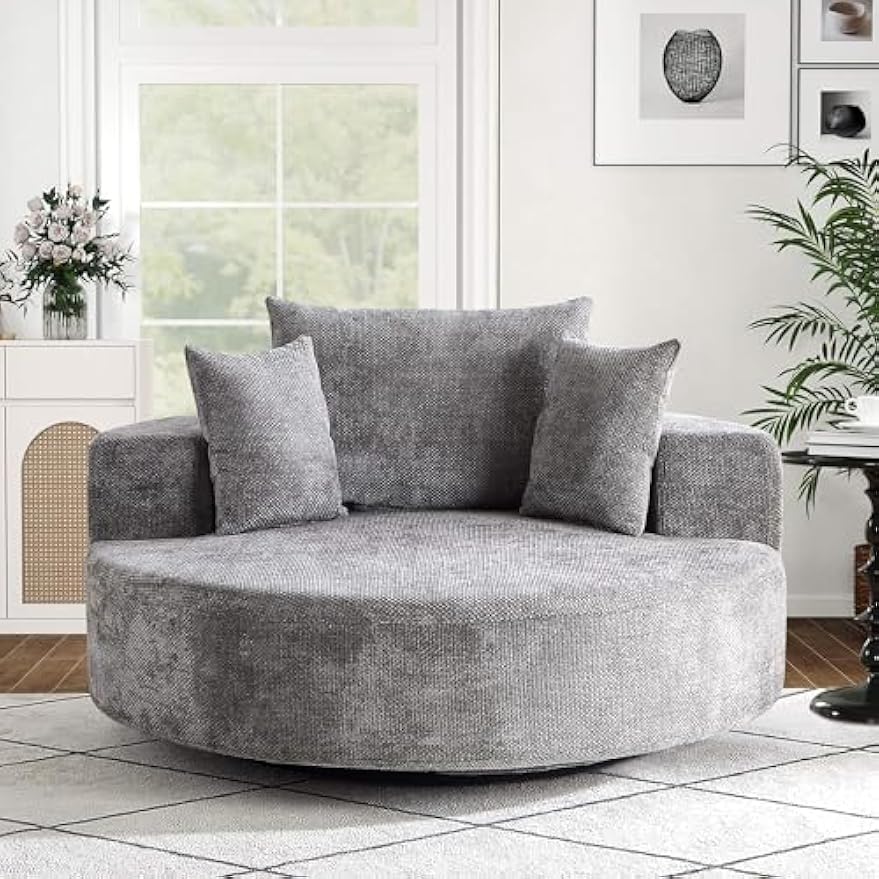 SLEERWAY 55" W Oversized Swivel Accent Chair, Large Barrel Chairs Upholstered Round Swivel Chair, Chenille Single Sofa Armchair, Modern Sleeper Chair for Living Room, Lounge and Projection Room, Grey